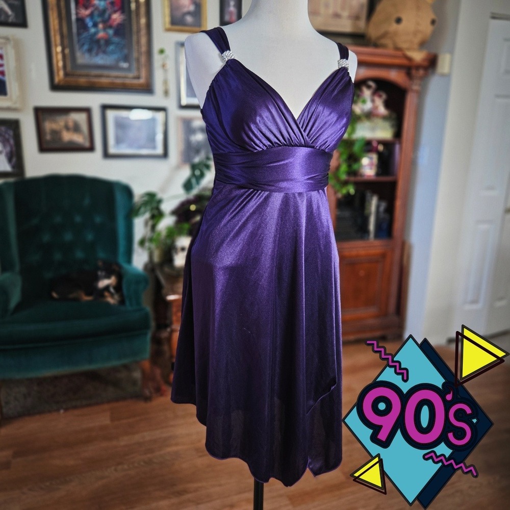 Vintage 90s La Belle Purple Satin V Neck Rhinestone Strap Cocktail Midi Dress
